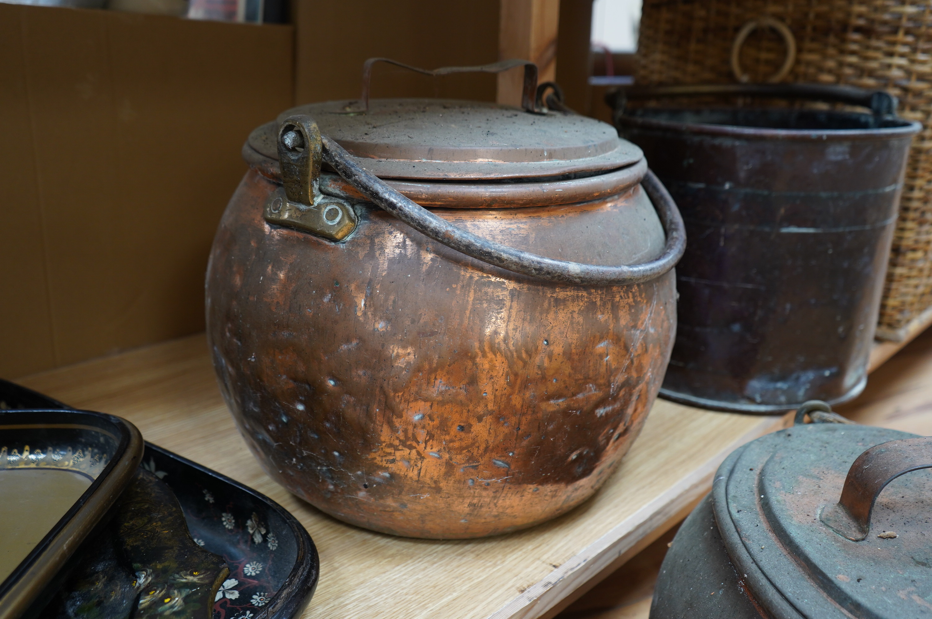 Two copper cauldrons and covers and a copper log bin (3). Condition - poor